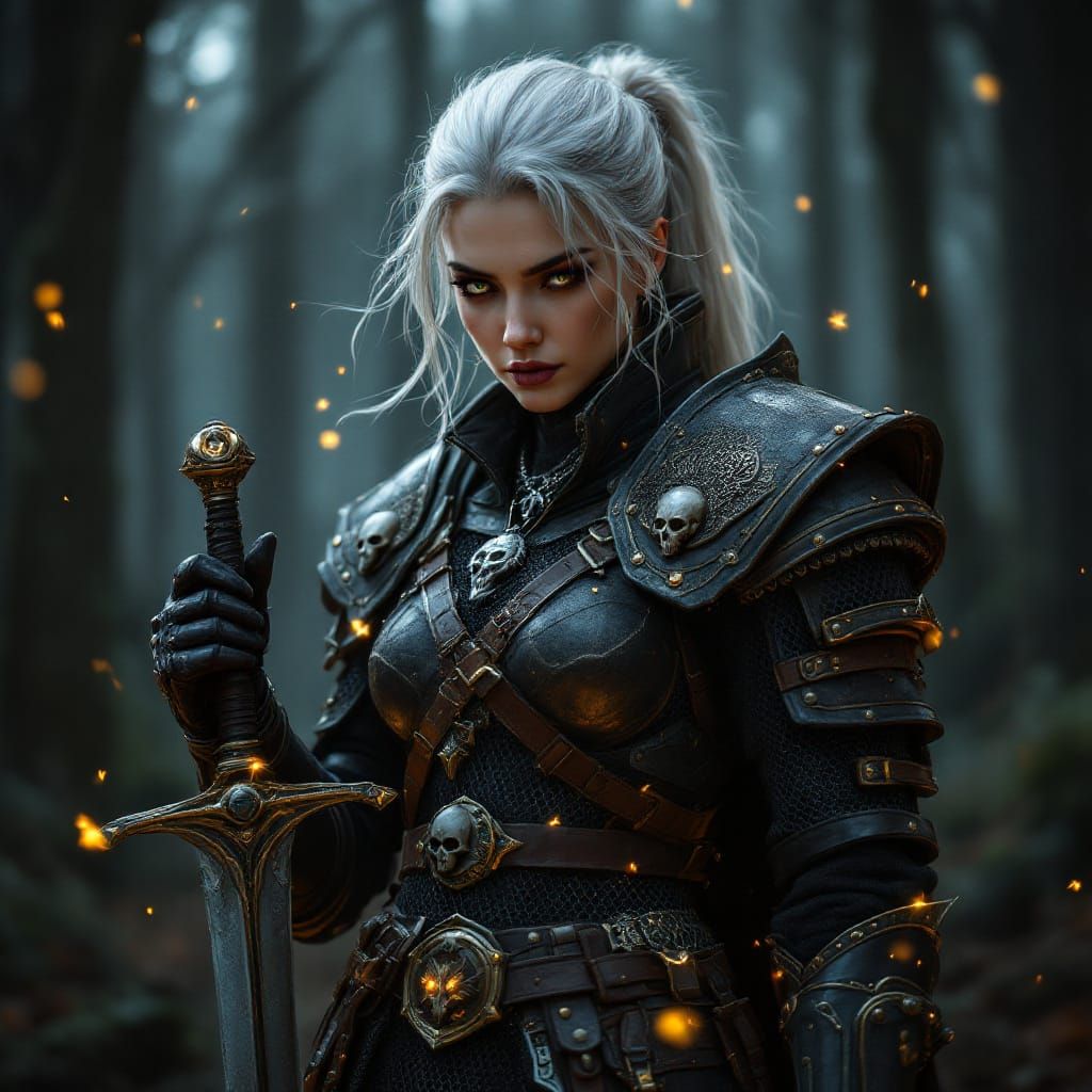 Steampunk Warrior Woman with White Hair and Sword