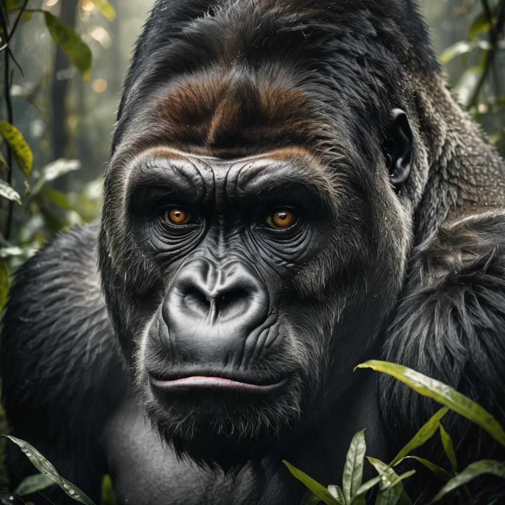 Hyperrealistic Gorilla Portrait in Dark Jungle Atmosphere