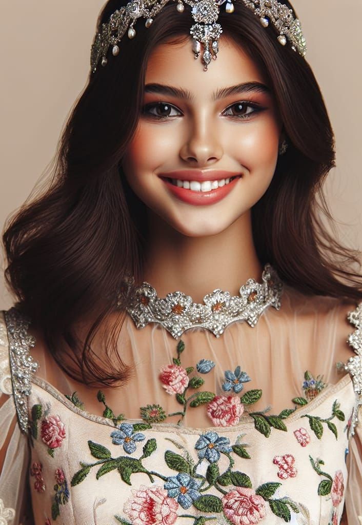 Elegant Young Girl in Floral Dress with Intricate Jewels
