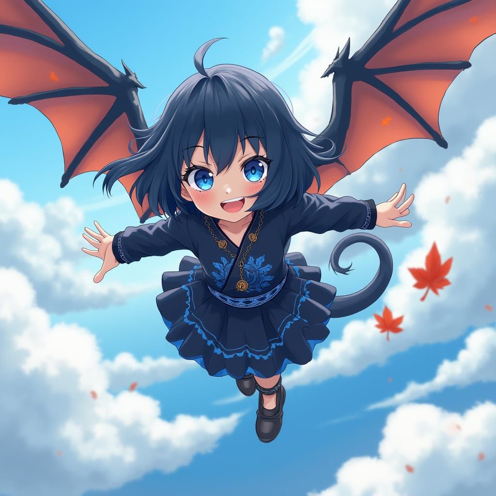 Anime Girl Soars Through Autumn Skies with Dragon Wings