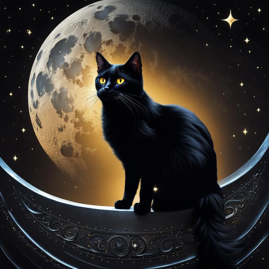 Black Cat on Metallic Moon in Night Sky
