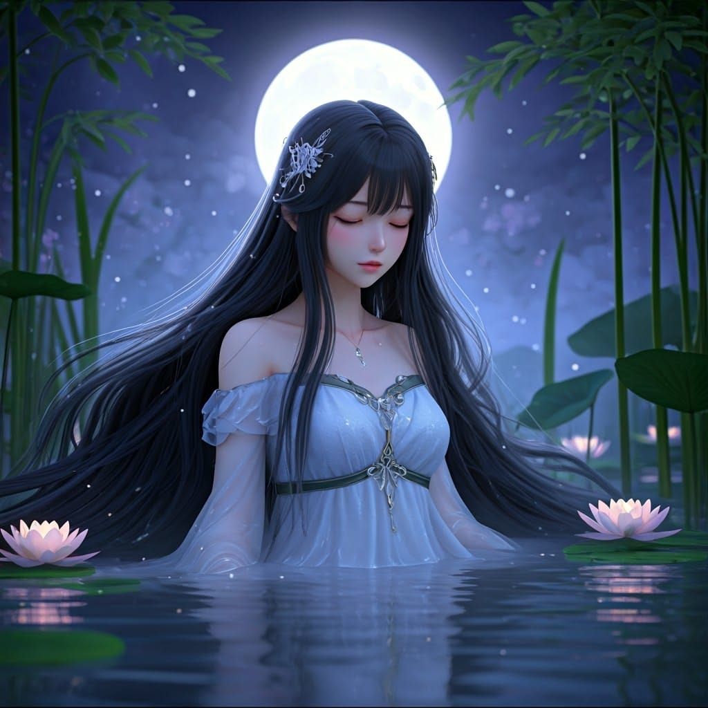 Serene Bathing Scene Under a Full Moon