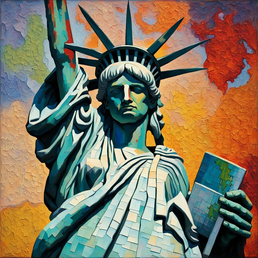Statue of Liberty Cries: Expressionist Oil Painting