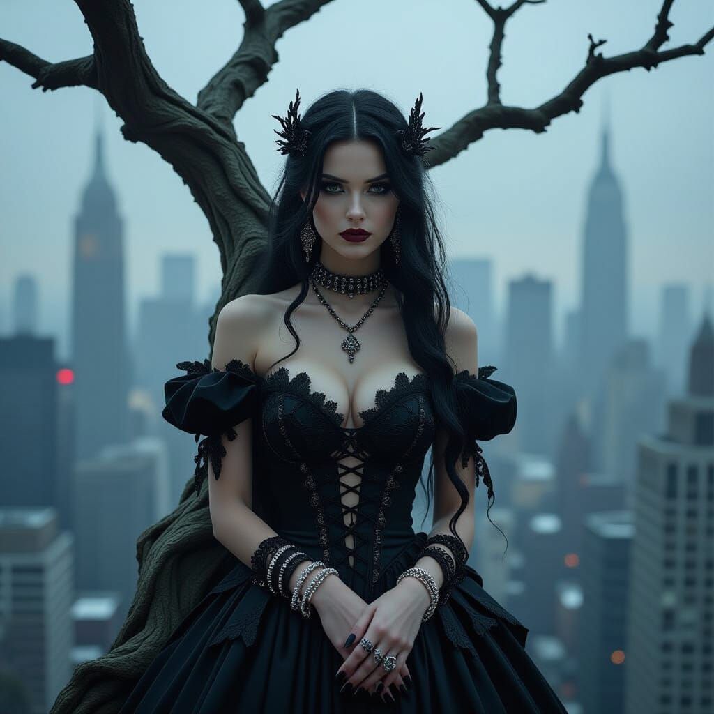 Gothic Dryad in Metropolitan Cityscape