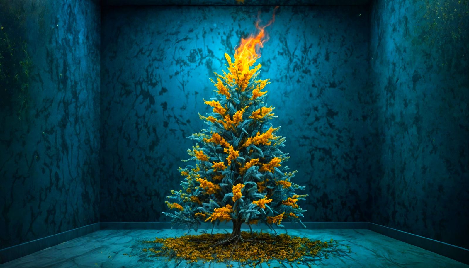 Surreal Christmas Tree Burns in a Dreamlike Slate Blue Room