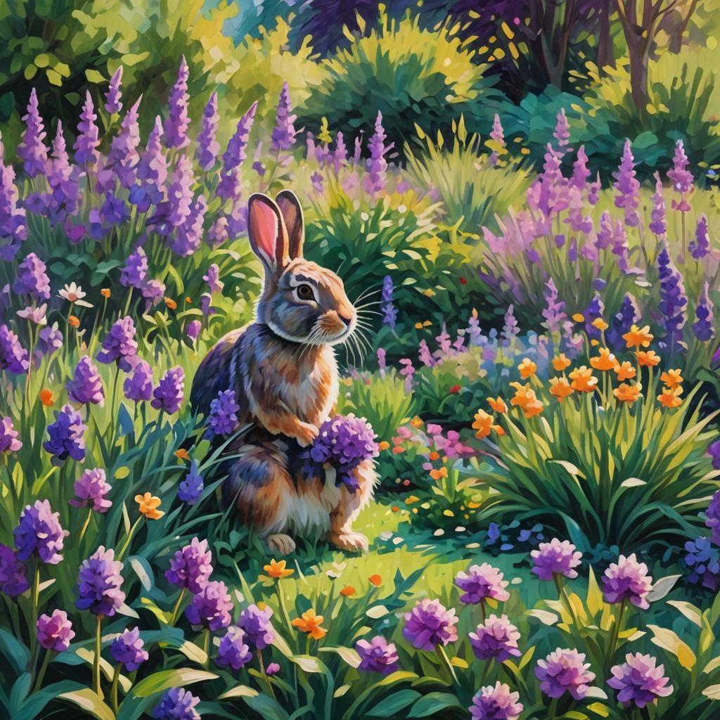 Rabbit in Impressionist Garden with Purple and Green Hues