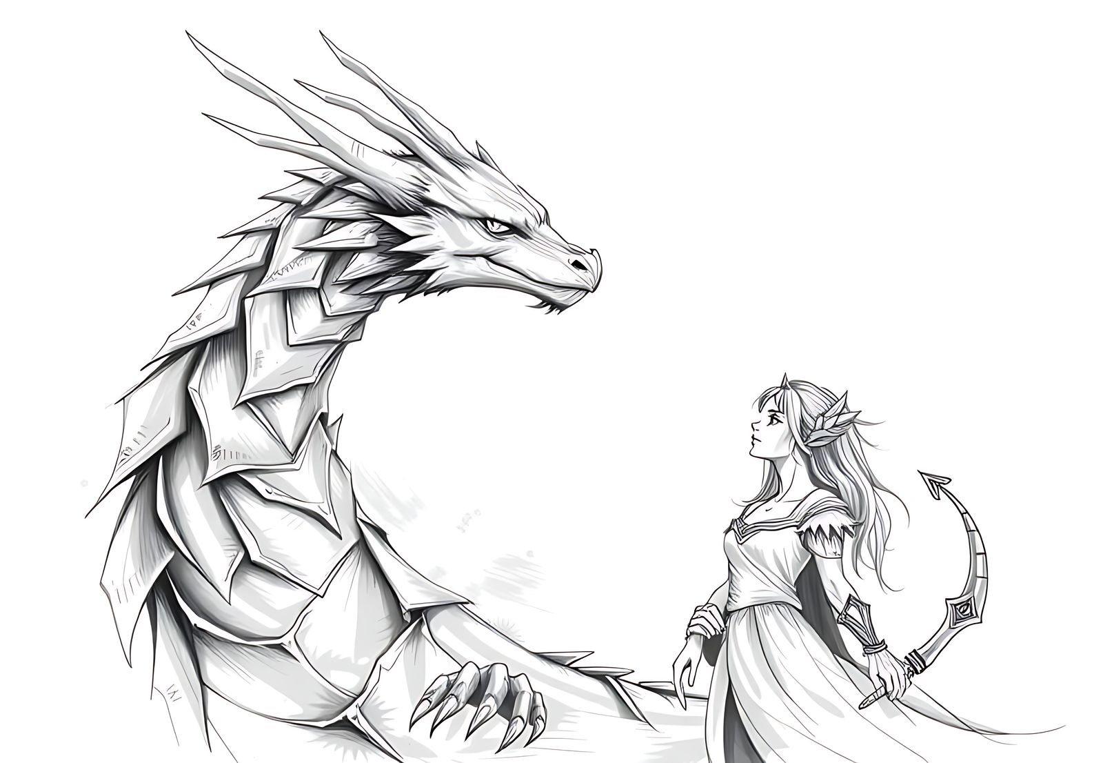 A black and white sketch of a dragon and a maiden