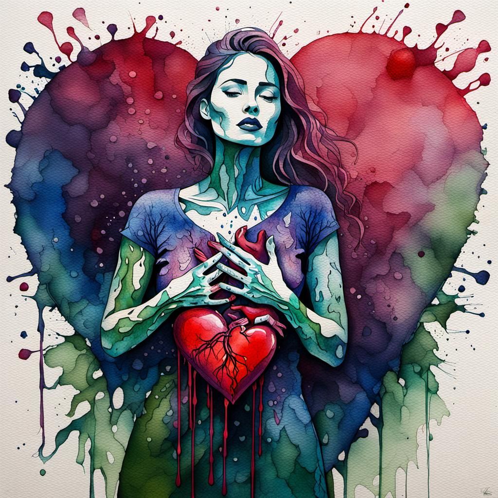 intricately detailed abstract female standing : arms across chest holding her broken heart : red, plum color, ink blue,...