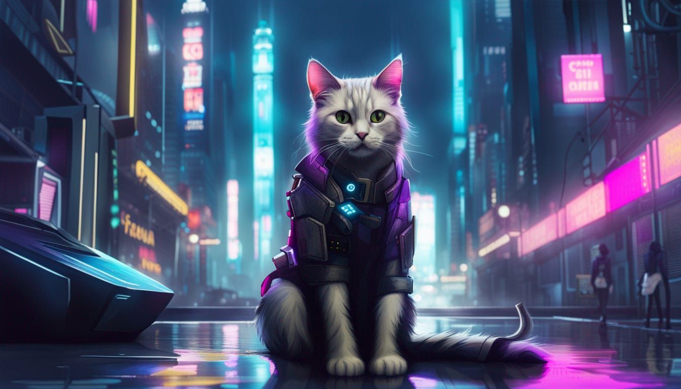 Cat in Cyberpunk Cityscape