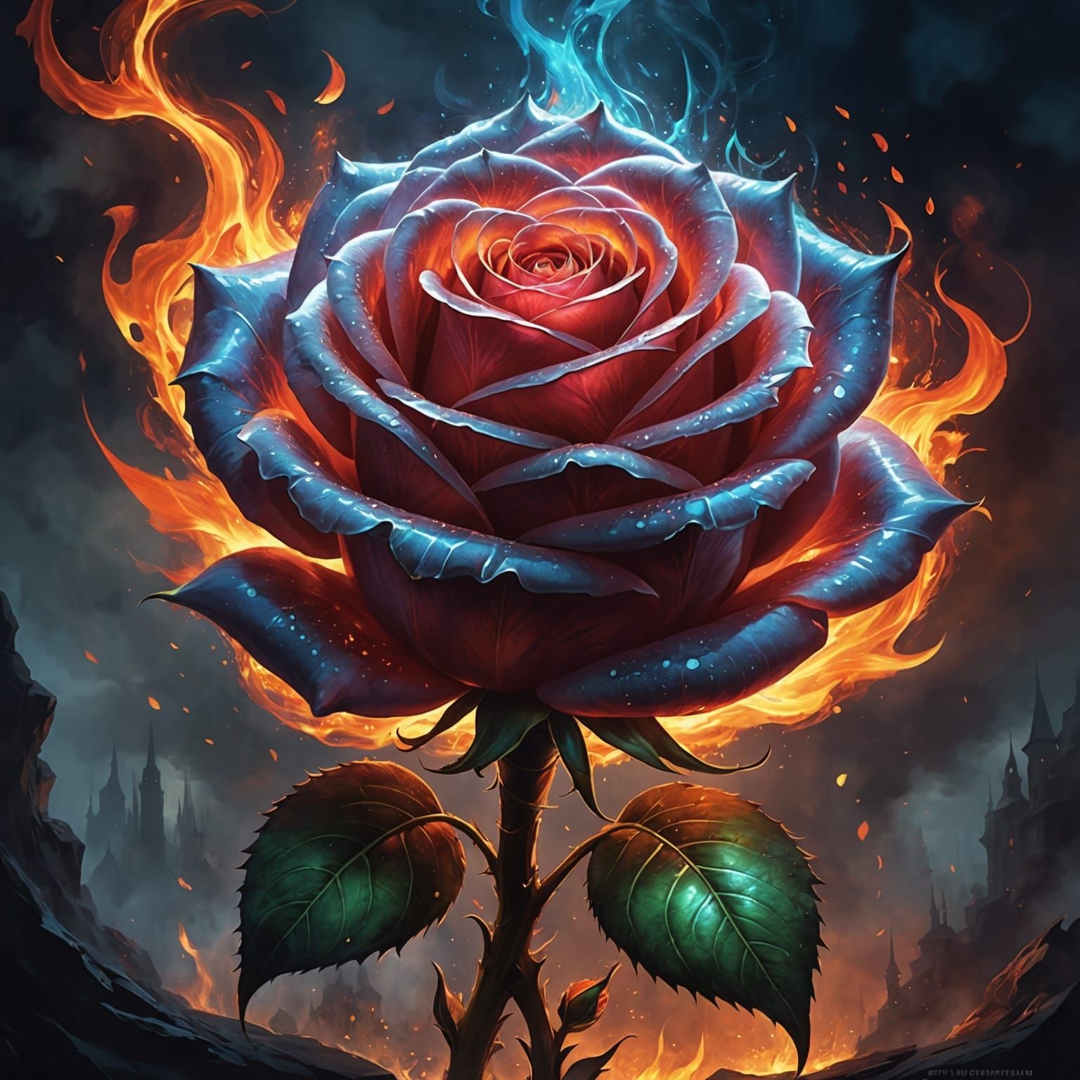 Fiery Rose: A Bioluminescent Fantasy Art Piece
