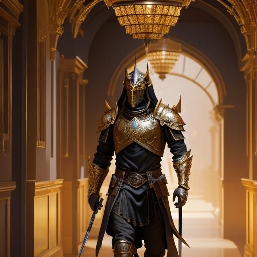 Golden Knight with Obsidian Ornament in Fantasy Hallway
