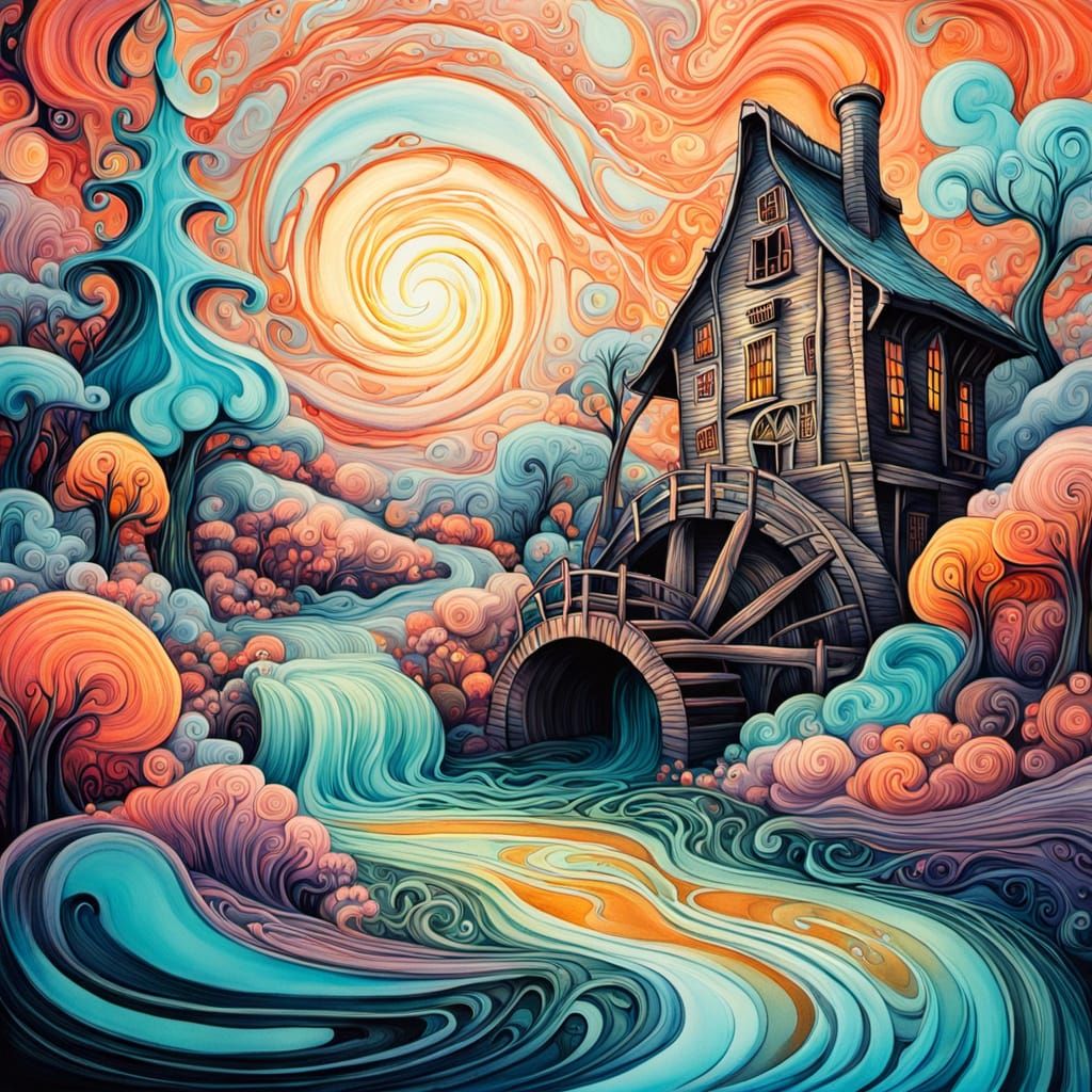 Surreal Watermill in Vibrant, Iridescent Colors