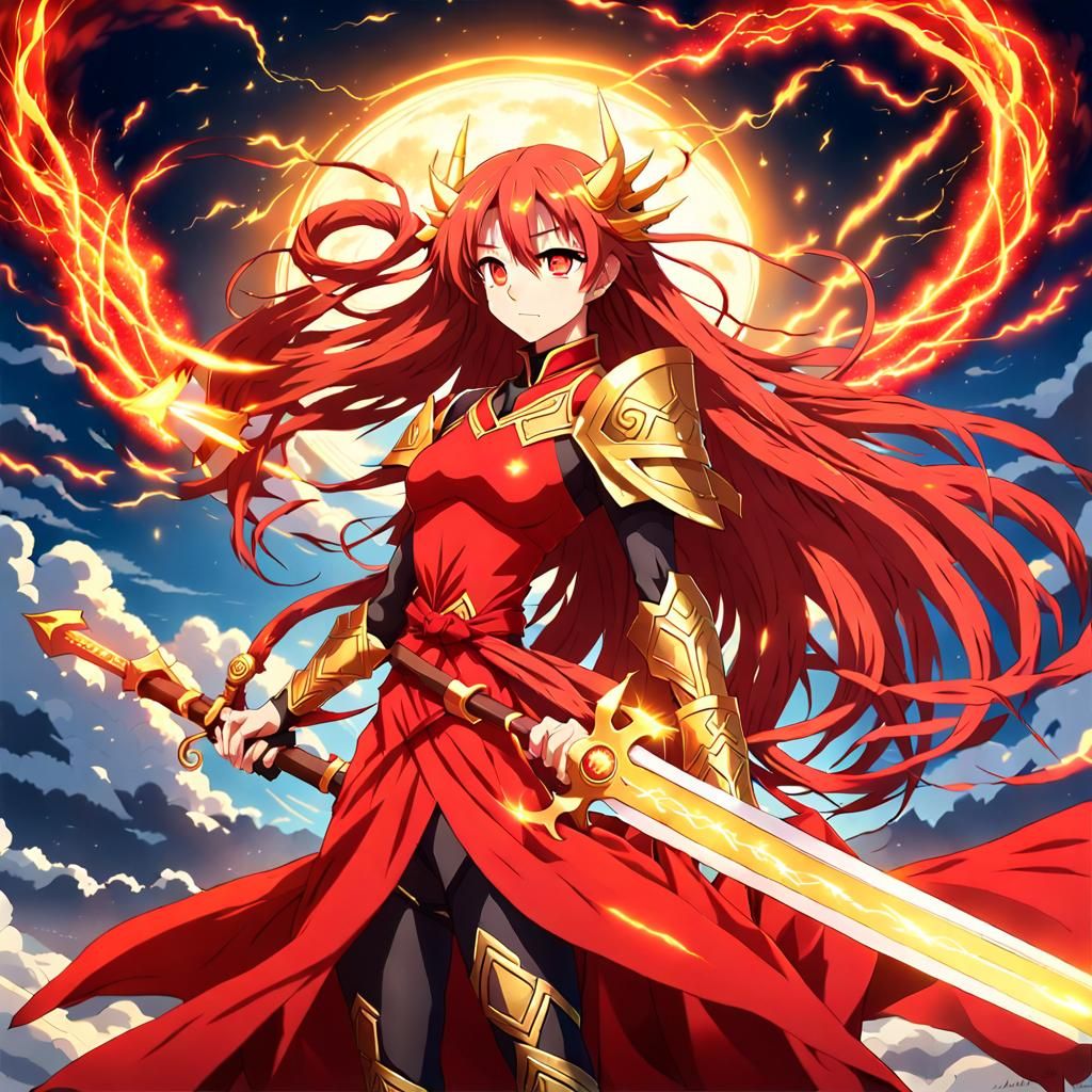 Dragon Lady with Red Lightning in Anime Style