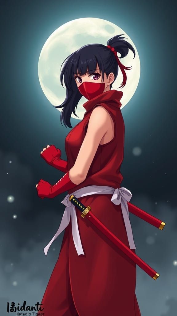 Cyberpunk Ninja Goddess Under Full Moon