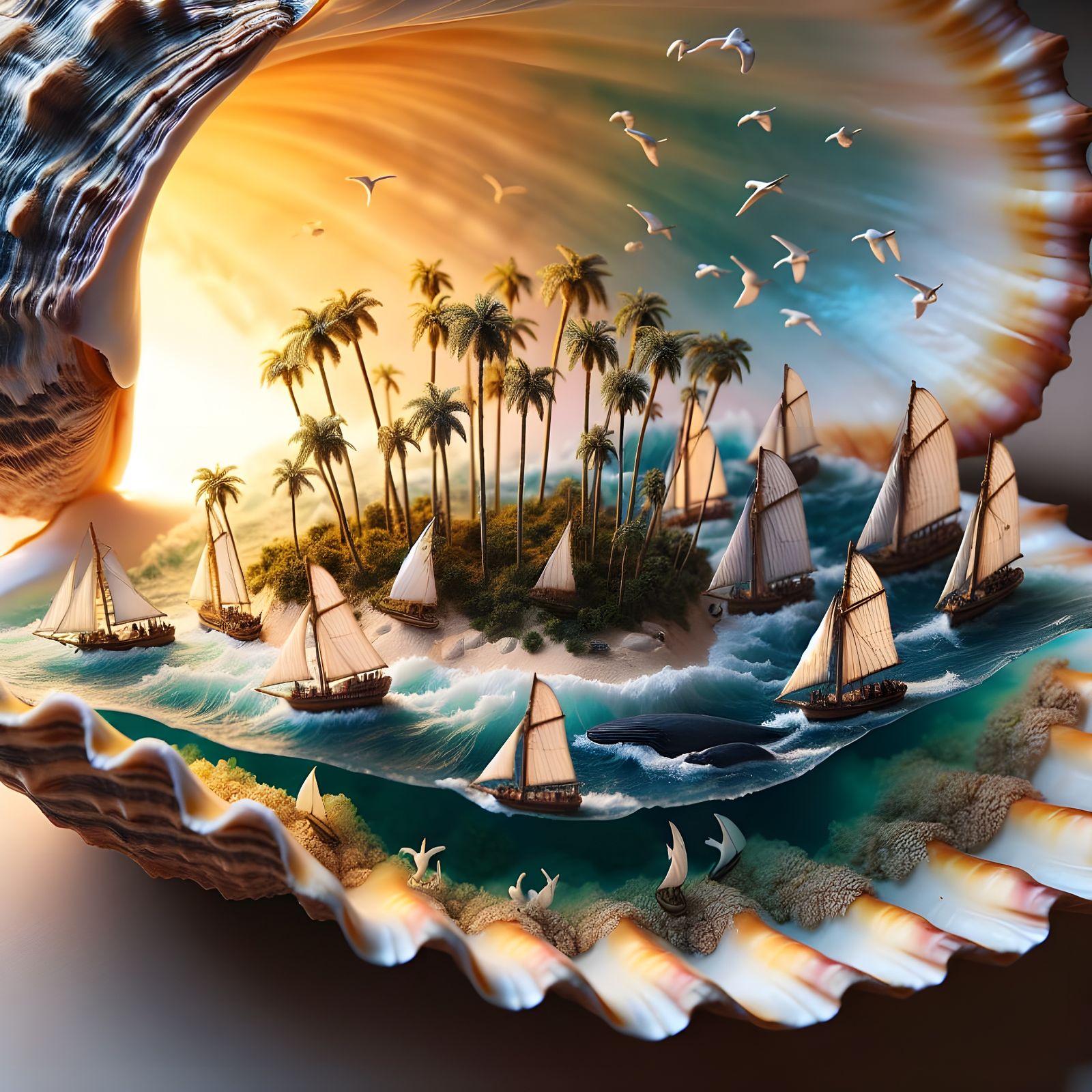 Miniature Sailboats in Golden Sunset Ocean Scene within Gian...
