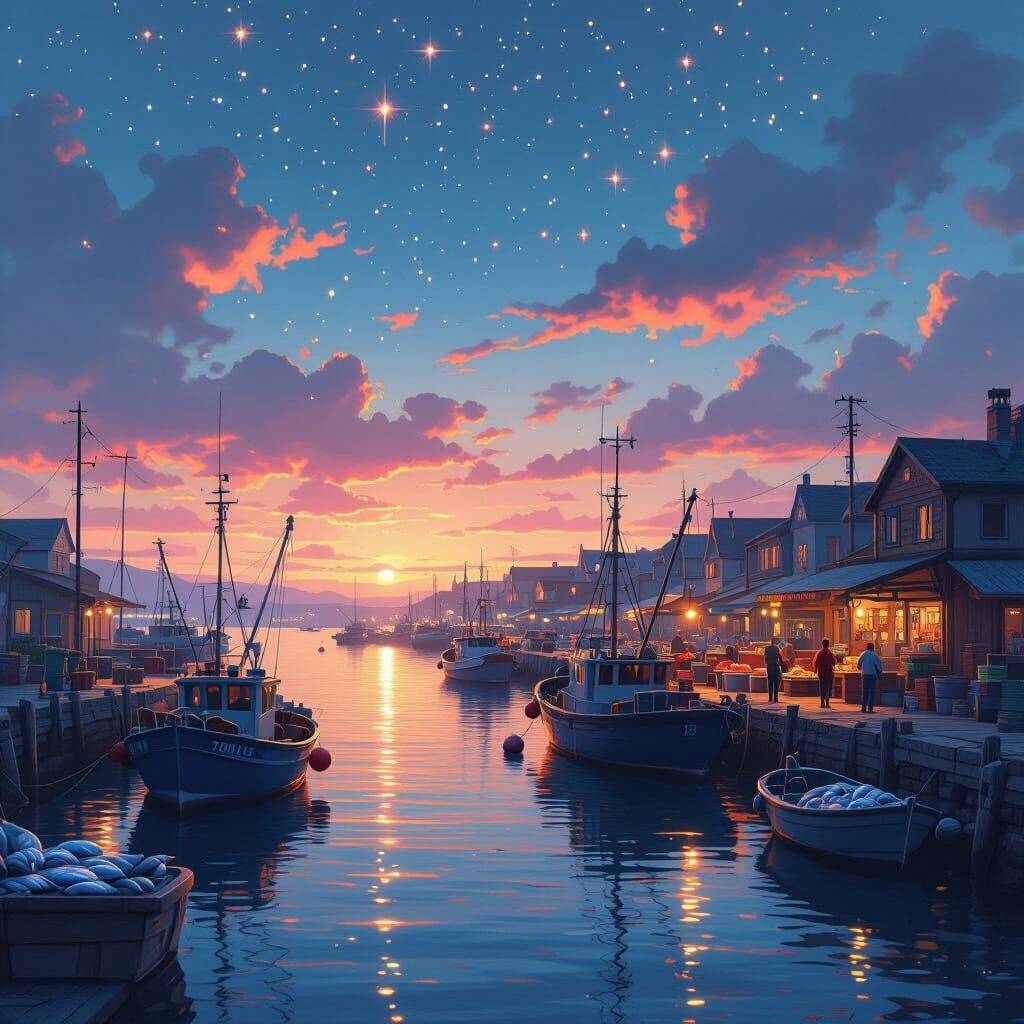 Vibrant Coastal Harbor at Dawn: Fantasy Concept Art
