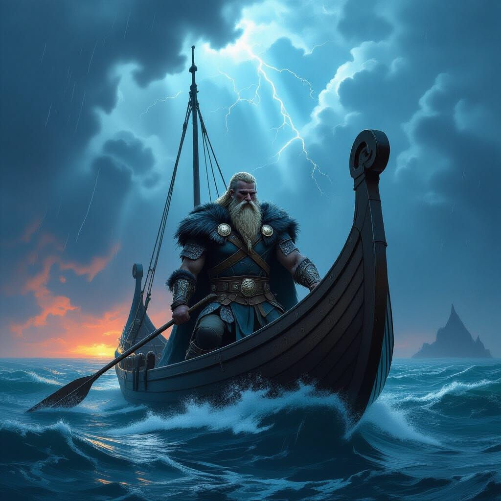Viking Chief on Longship in Stormy Seas