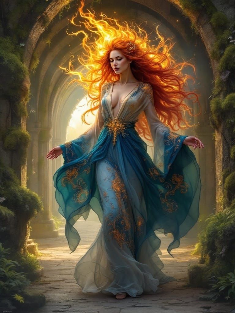 Ember Goddess with Fiery Hair, Flowing Silks
