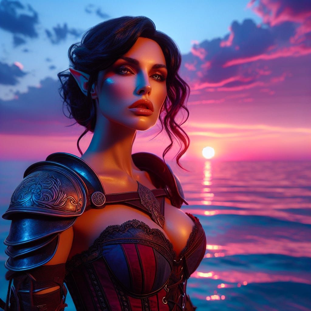 Elf Warrior at Sunset Sea: Digital Painting