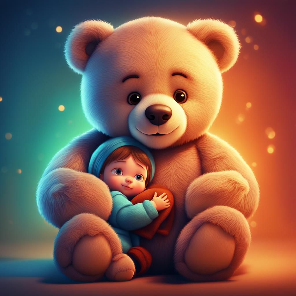 Teddy Bear Cradling Child in Pixar-Style 3D Art