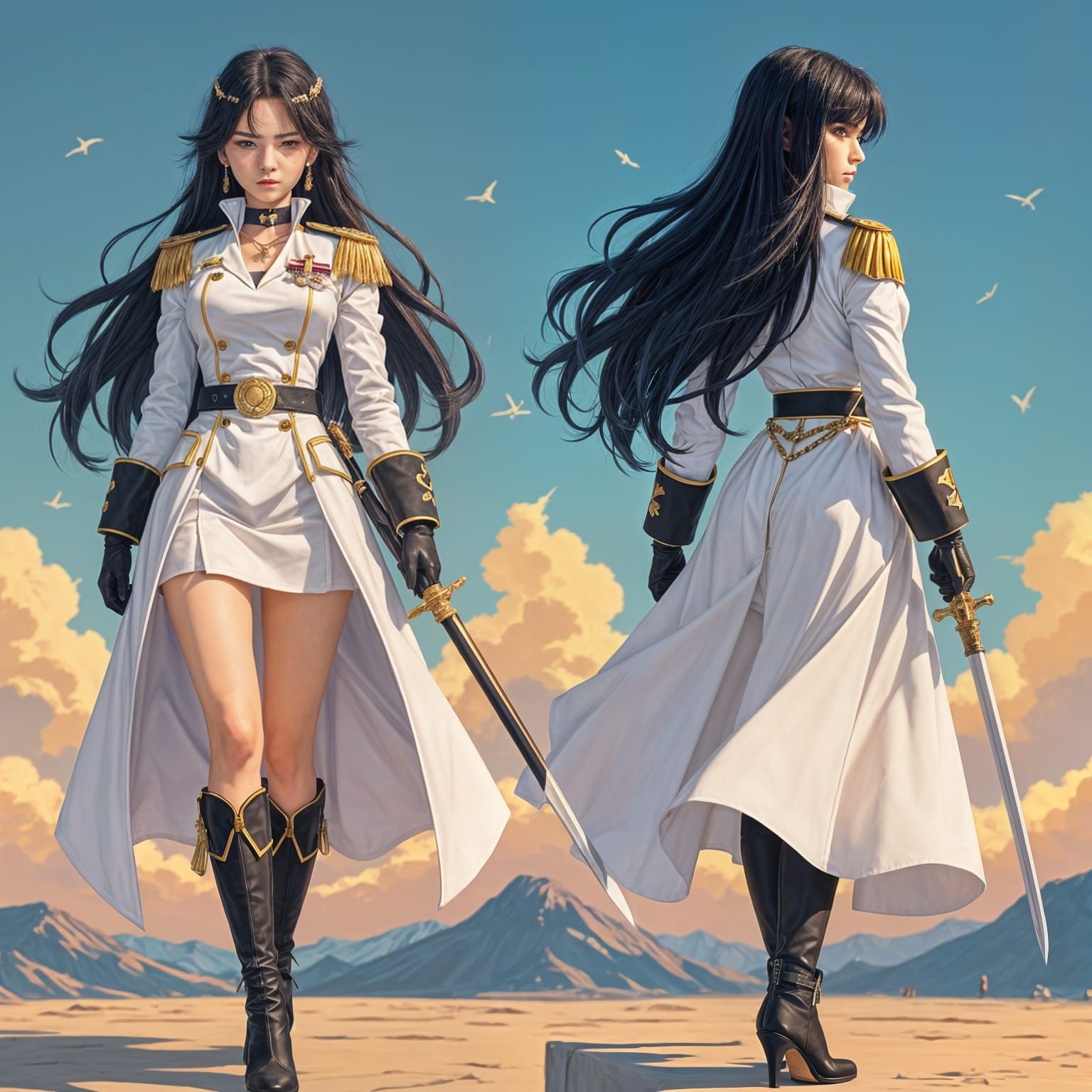Anime Female Admiral with Sword in Detailed Concept Art Styl...