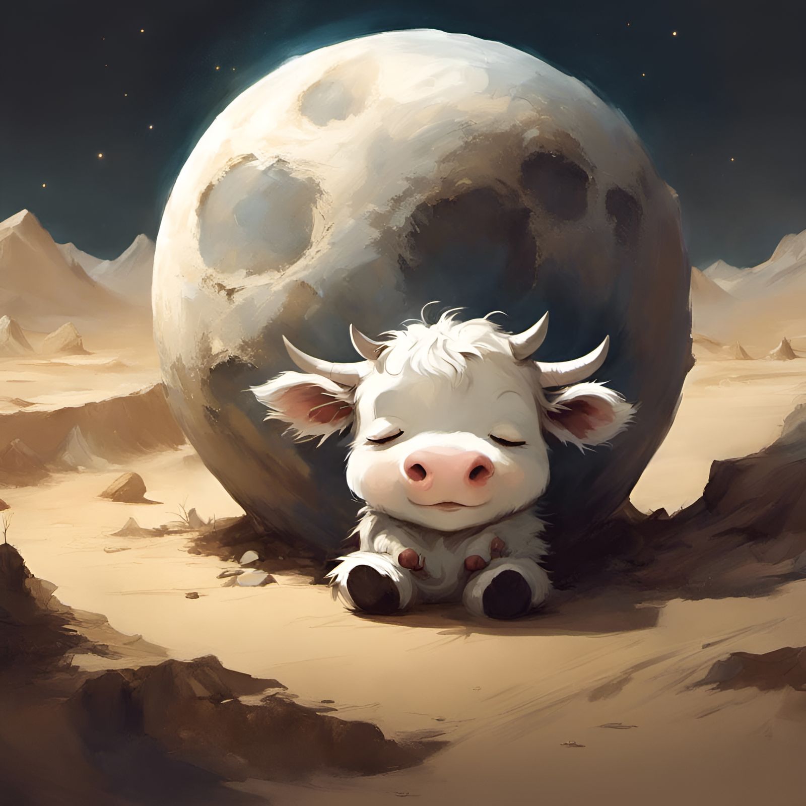 Chibi Cow Asleep on the Moon: Detailed Digital Art
