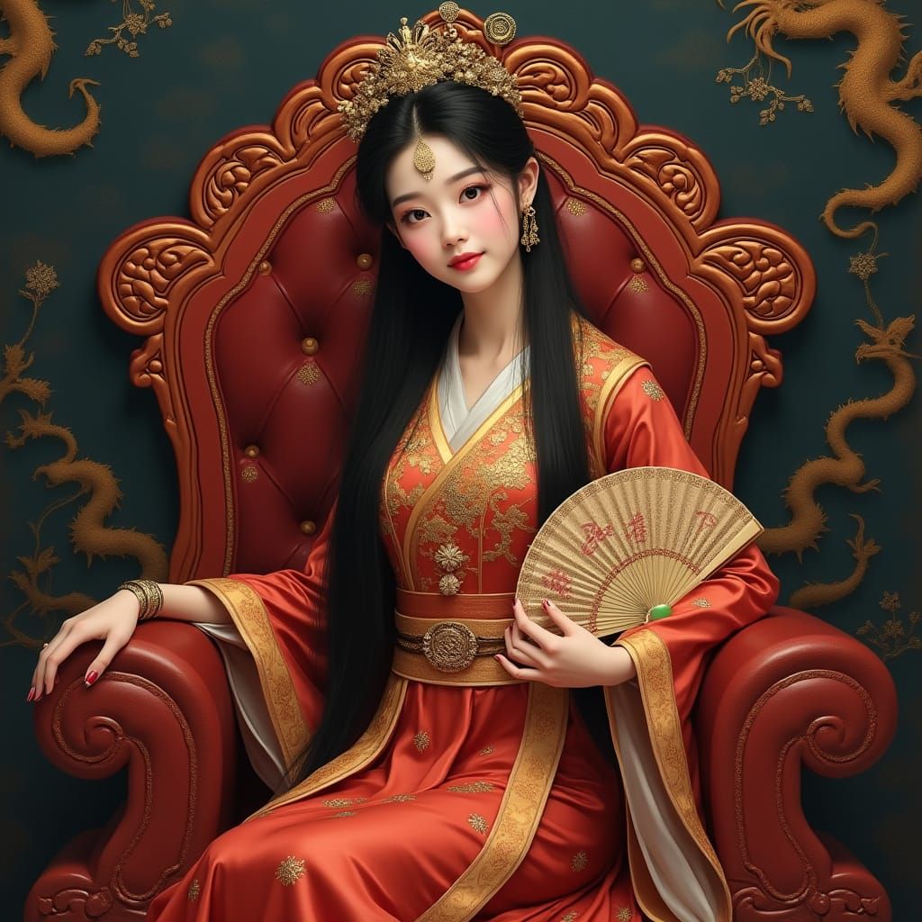 Elegant Chinese Princess on a Crimson Lacquer Throne