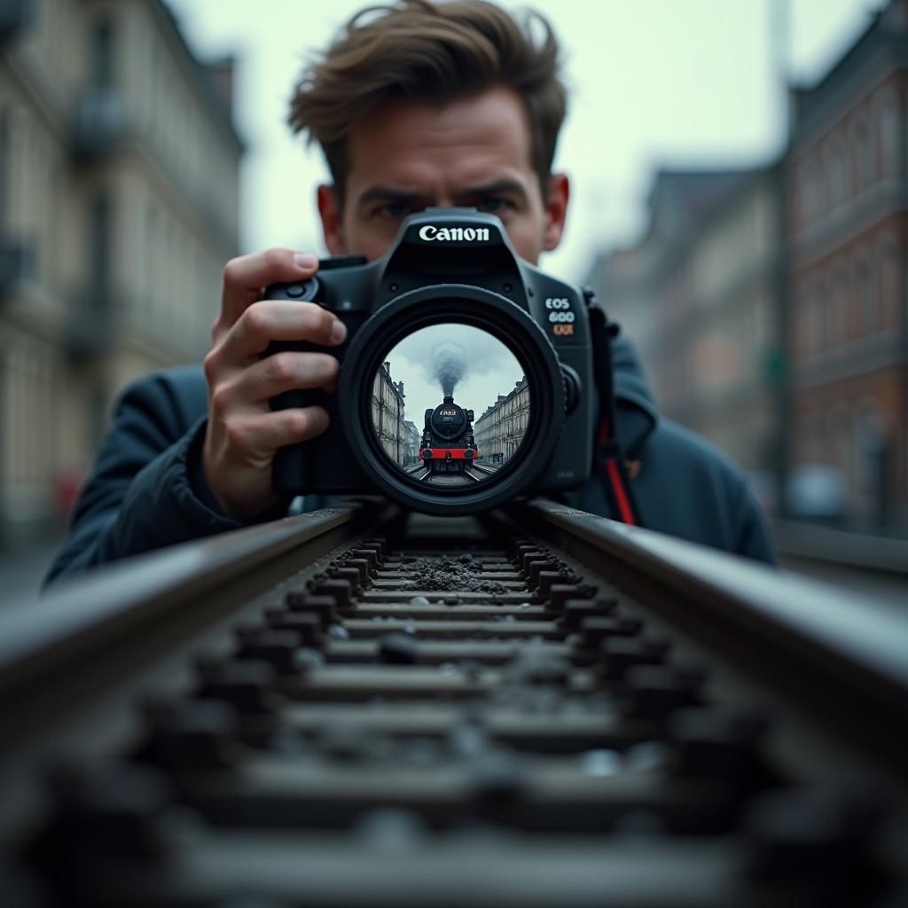 Steam Locomotive Aligned Through Camera Lens