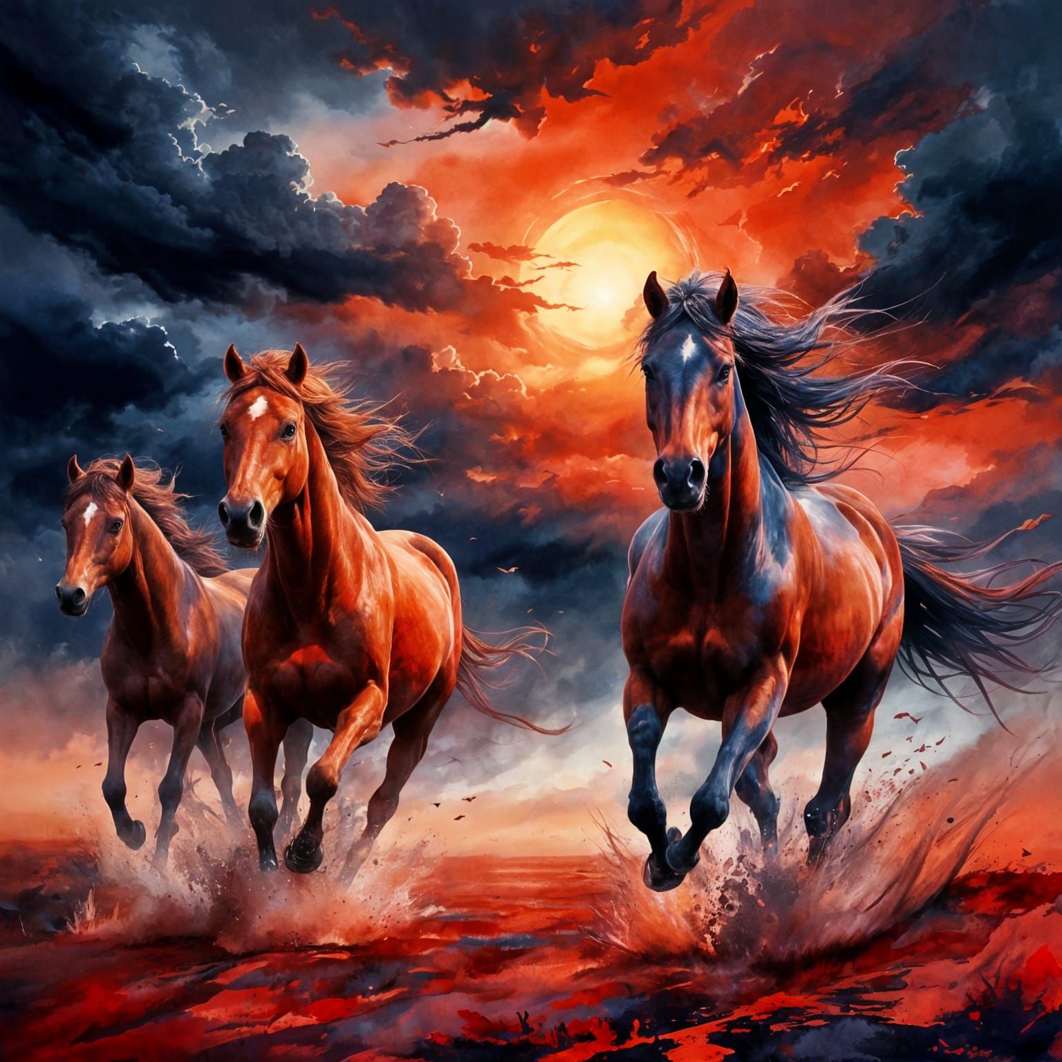 Wild Red Horses Galloping at Sunset in Watercolor Style