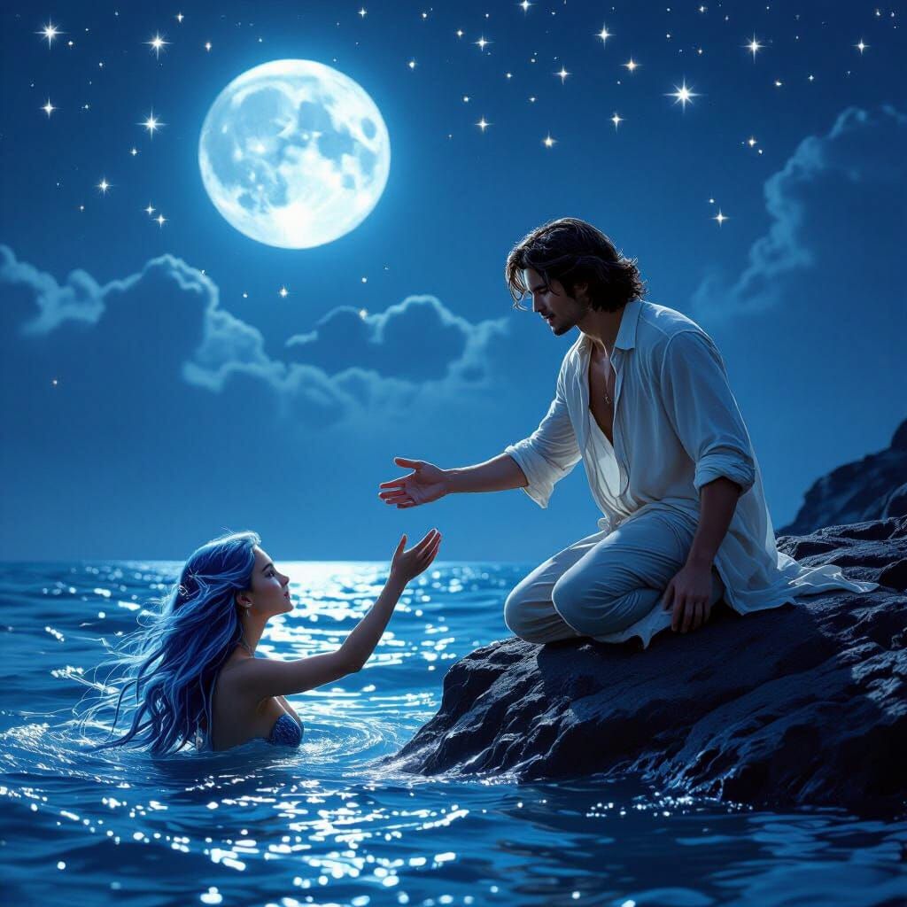 Man and Mermaid Under Blue Moon