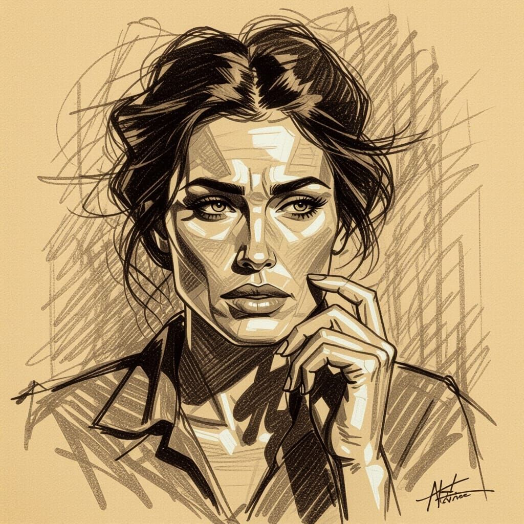 Expressive Woman's Face in Rough Pencil Sketch