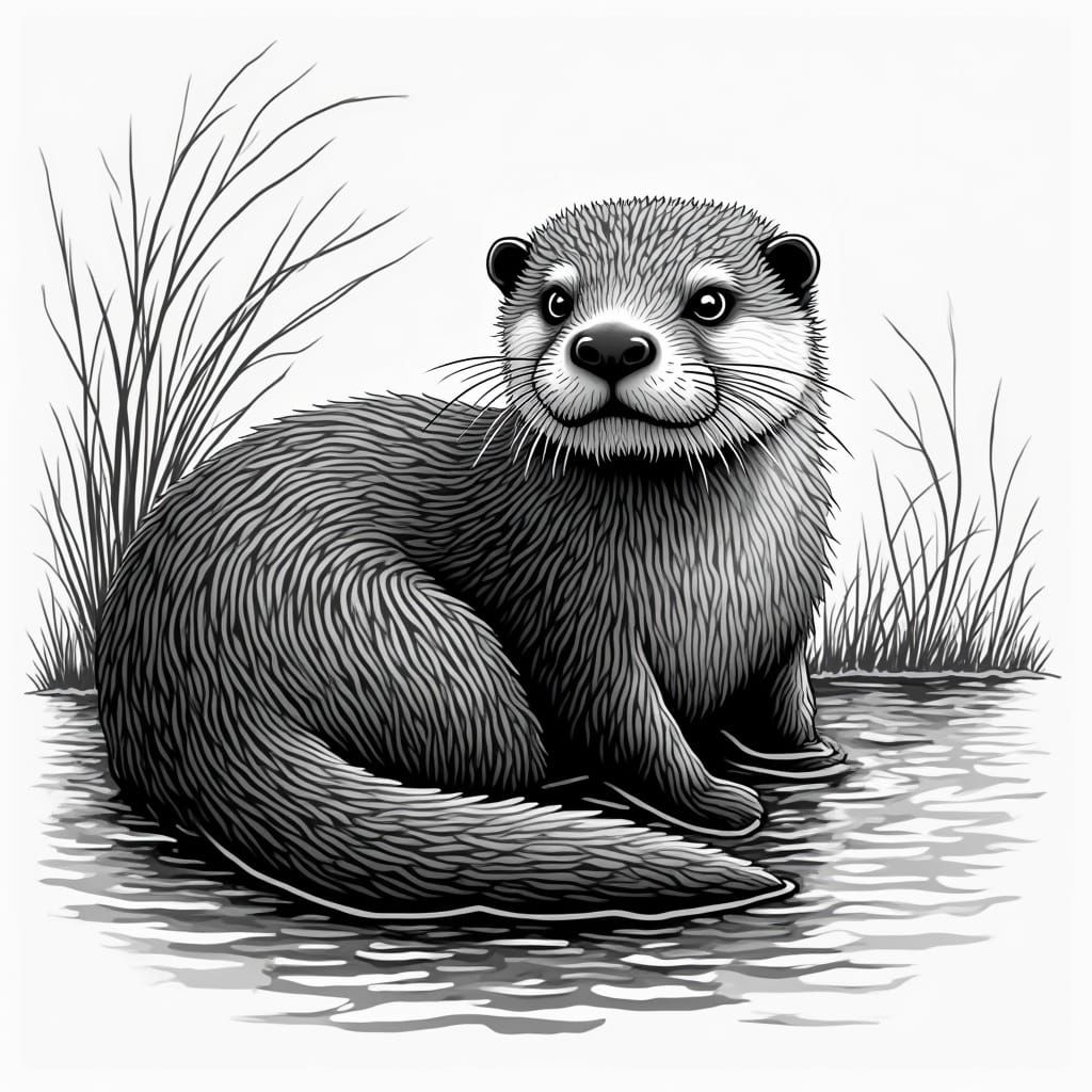 Linocut Style Black and White Otter