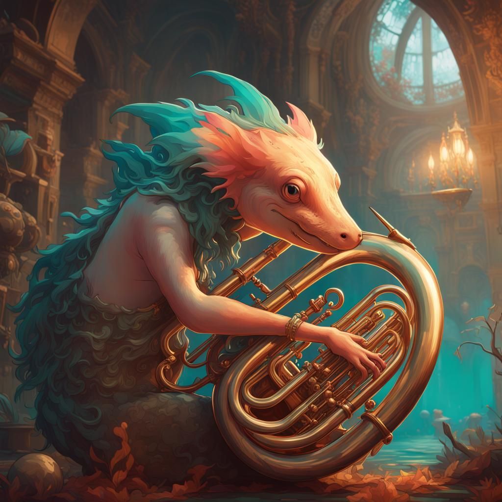 Axolotl Tuba Player: Hyperdetailed Concept Art