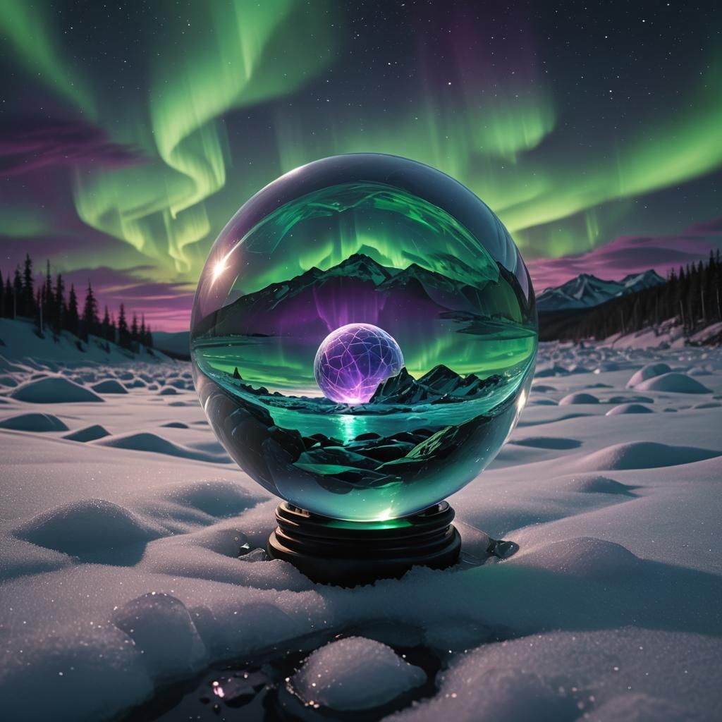 Crystal Ball Reflecting Northern Lights, Detailed Matte Pain...