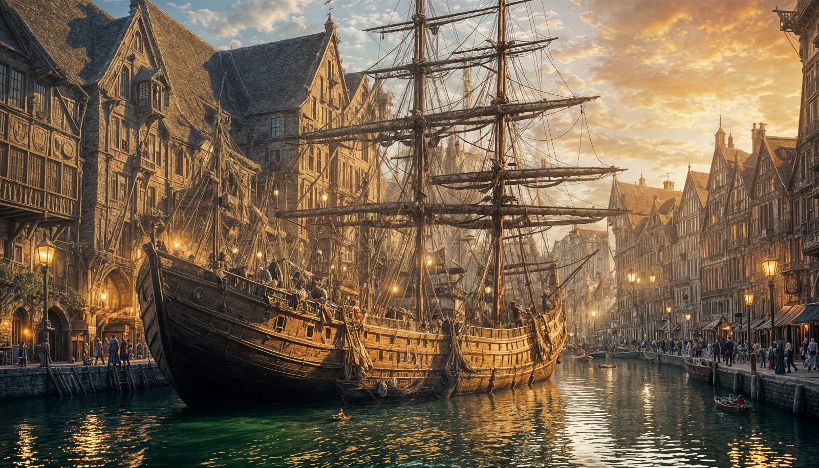 Medieval Canal City with Ancient Sailing Ship