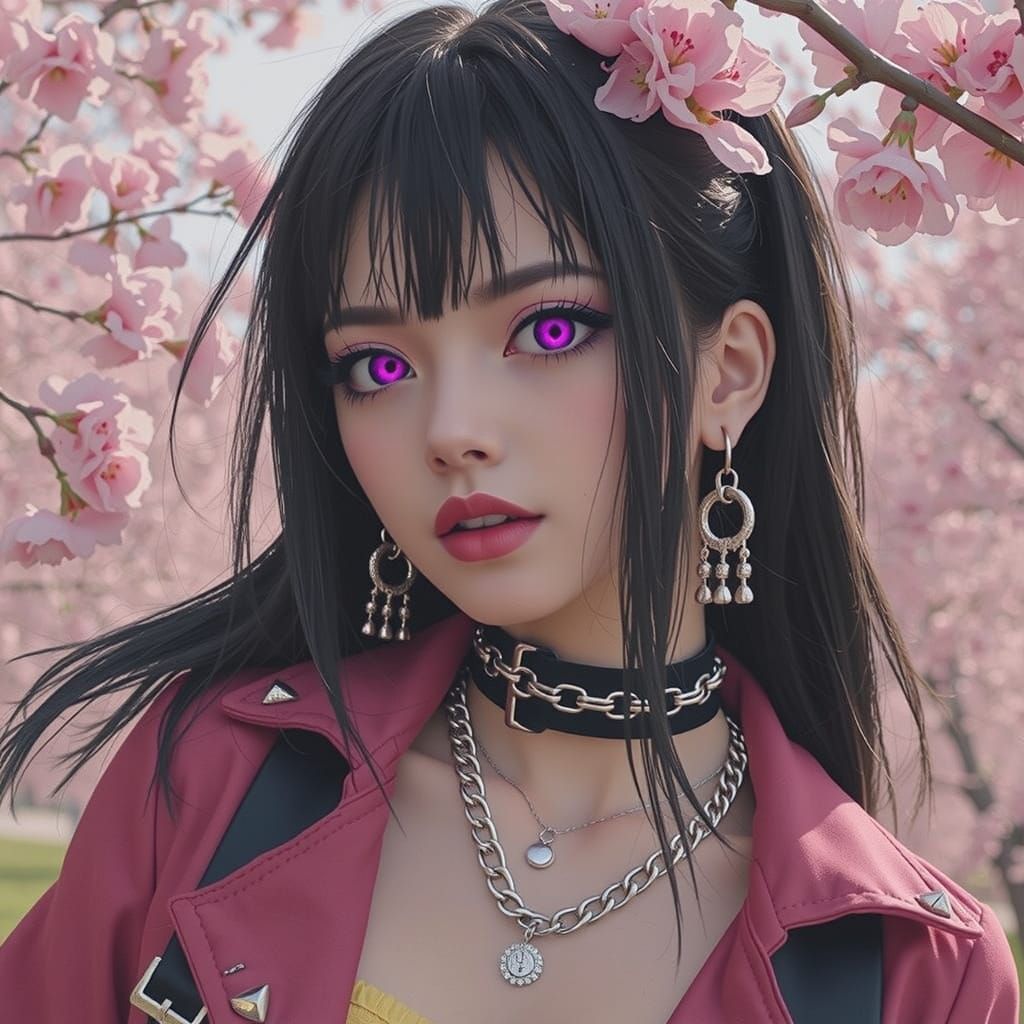 Pink and Black Punk Anime Woman with Cherry Blossoms