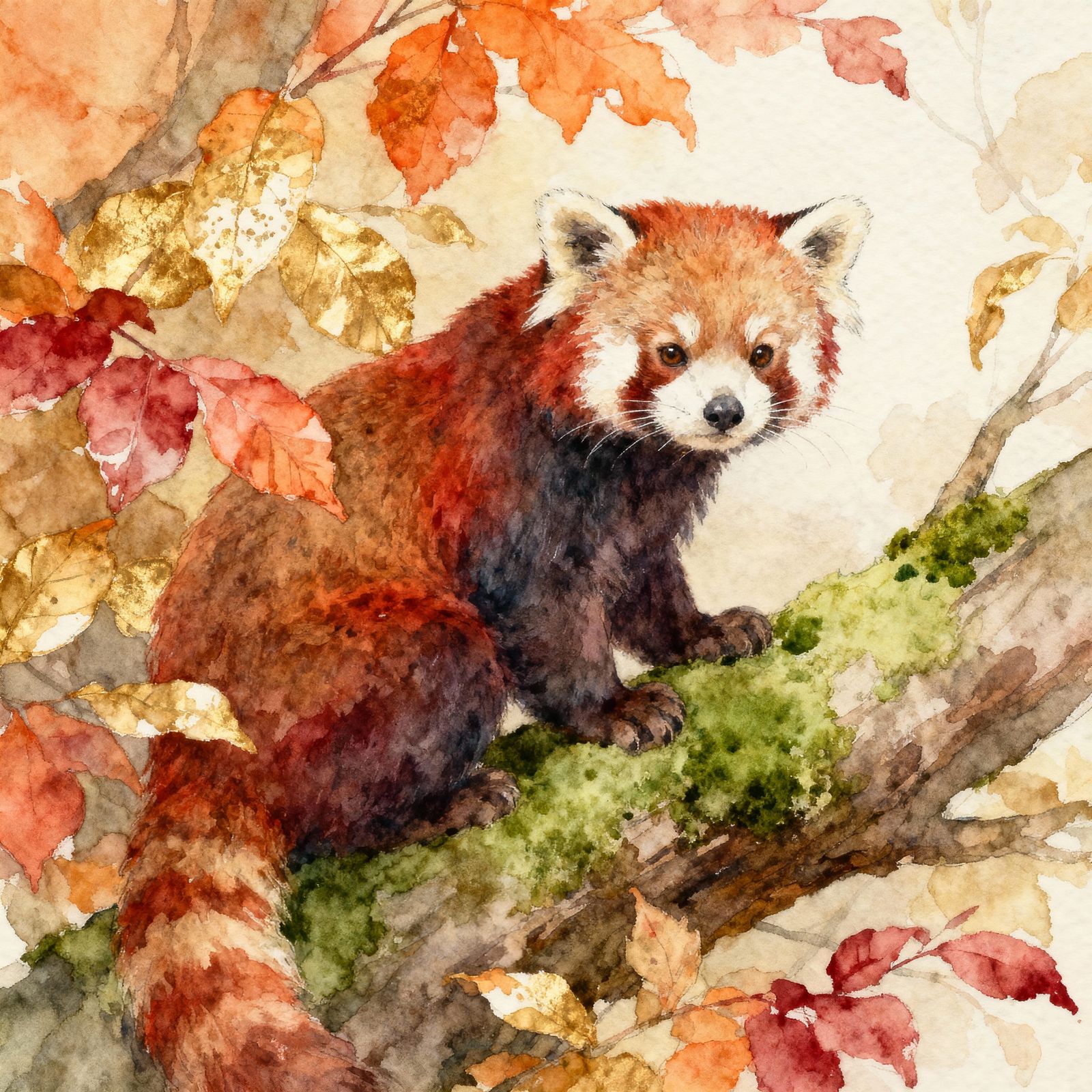 Red Panda on Autumn Branch in Watercolor Style
