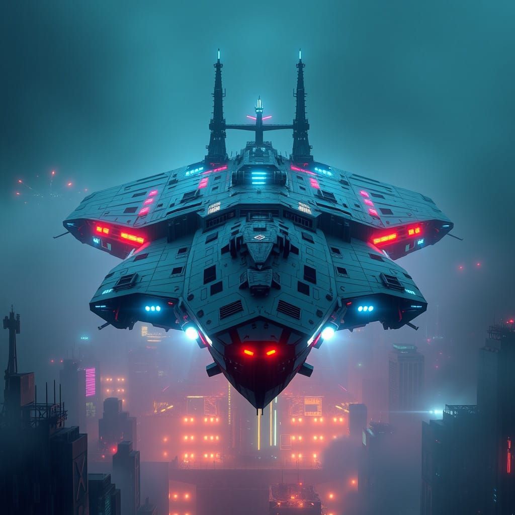 Futuristic Airship Battleship Hybrid in Cyberpunk Metropolis
