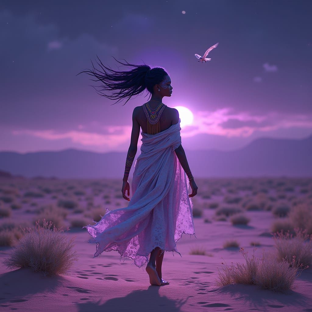 African Queen in Dreamlike Desert Landscape with Ancestral S...