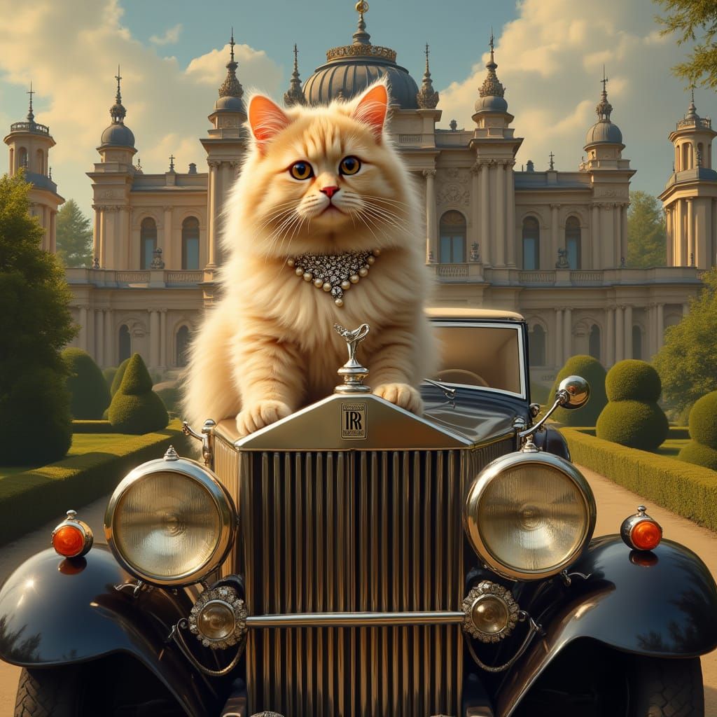 Jeweled Cat on Vintage Car: Classical Realism