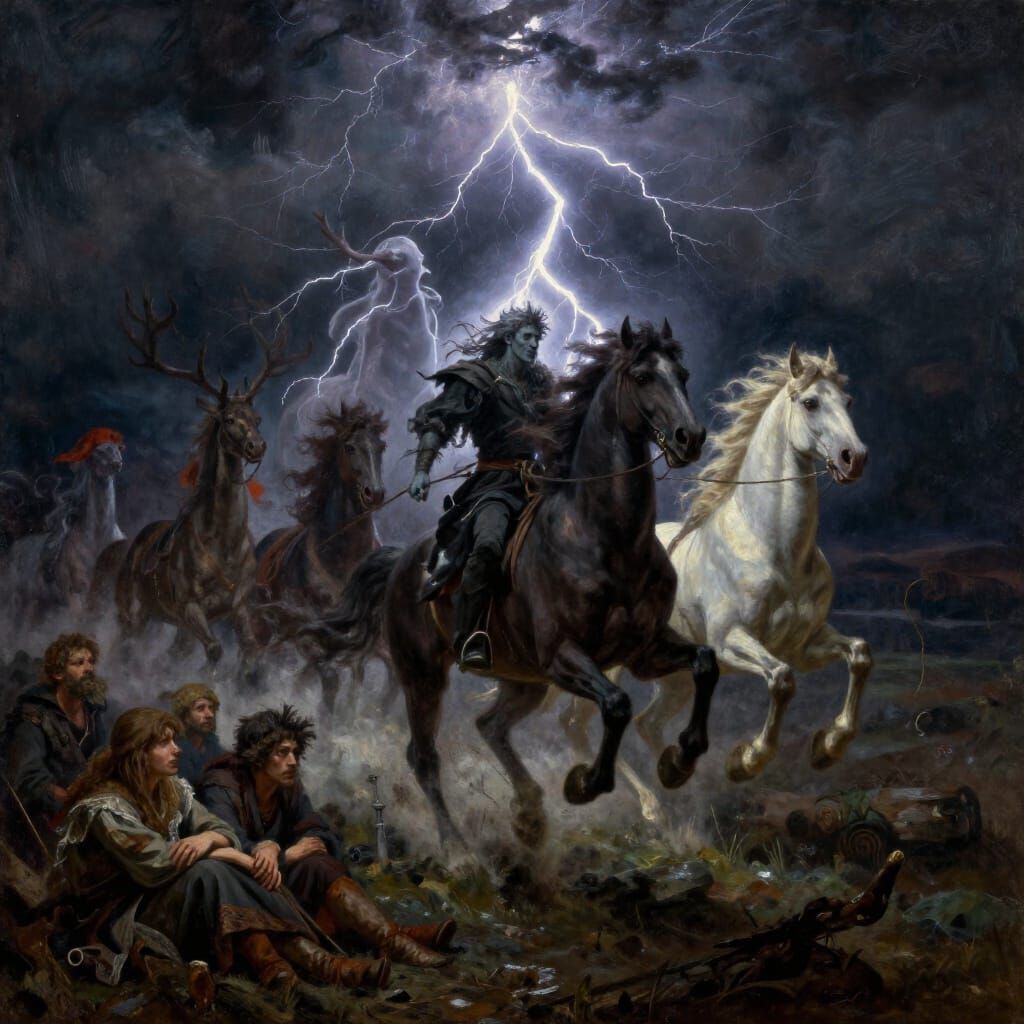 The Wild Hunt Spectral Ride in Stormy Night Sky