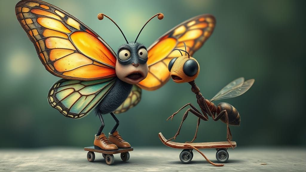Bewildered Butterfly and Ant on Roller Skates