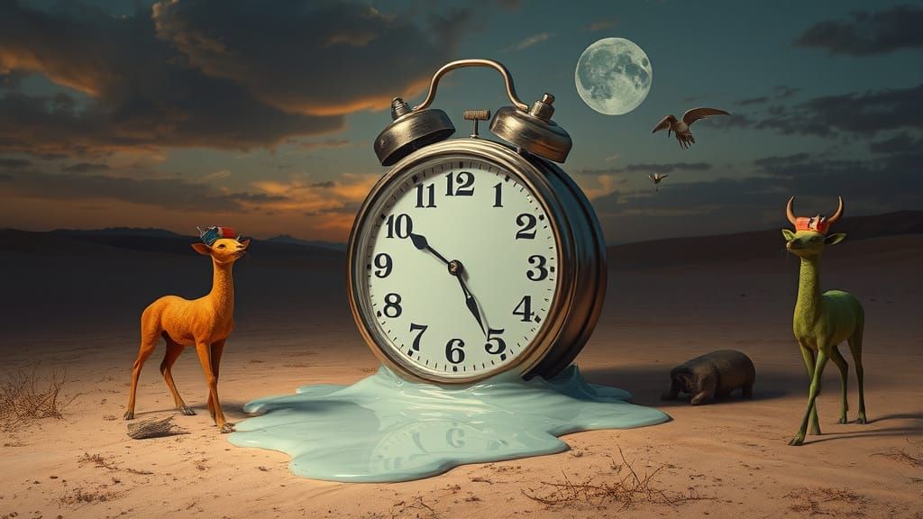 Melting Clock in Desert with Confused Animals