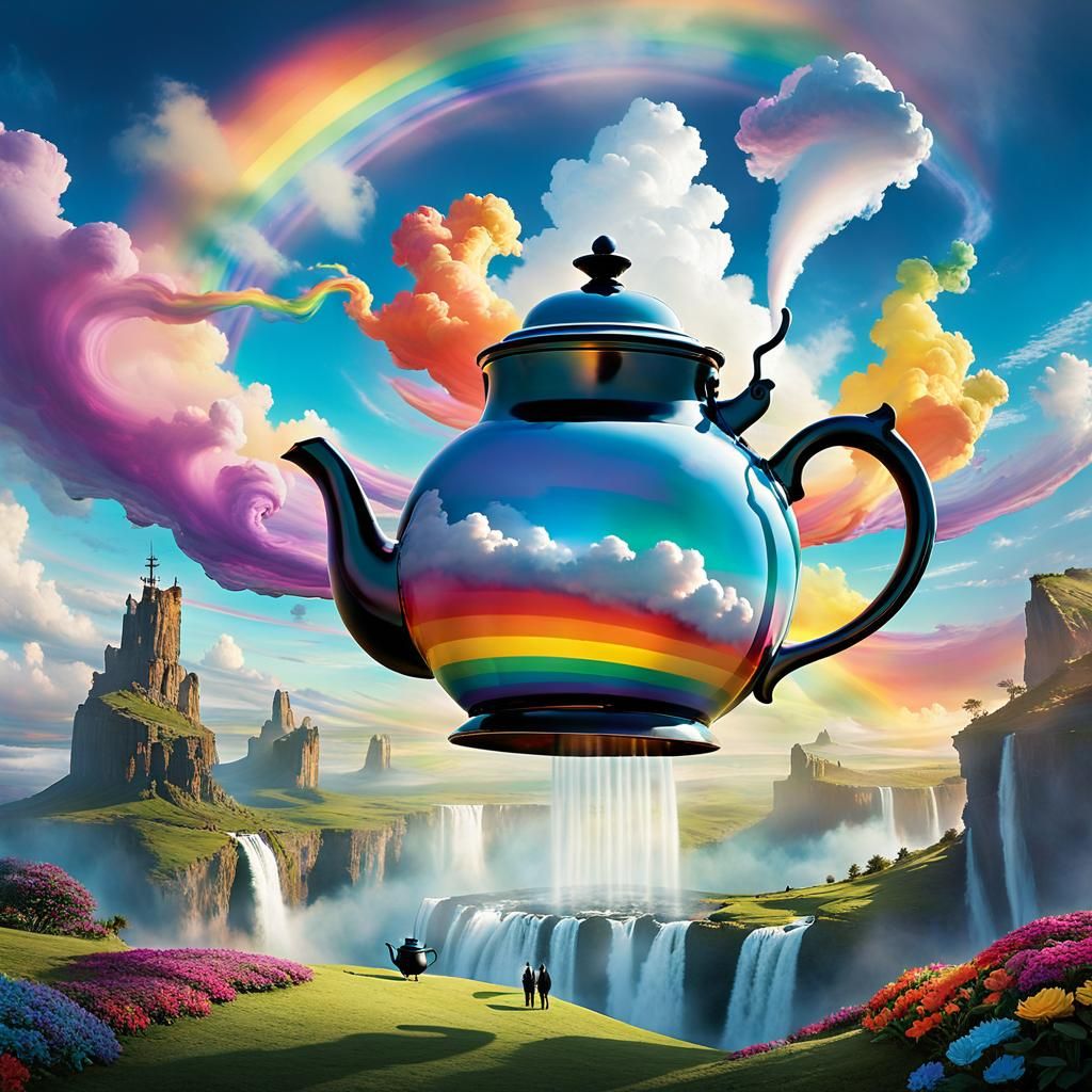 Giant Teapot Pouring Rainbow Clouds, Surreal 3D Render