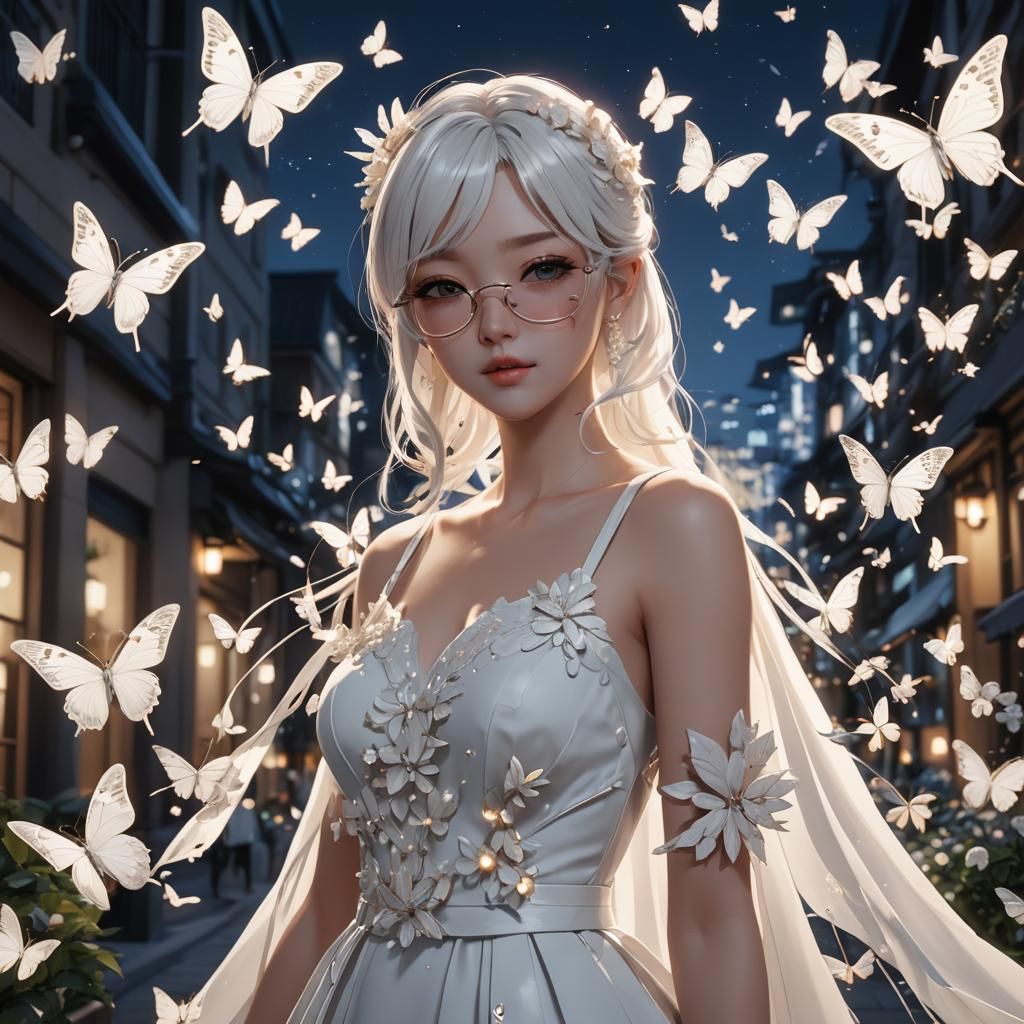 Anime Girl in White Gown with Butterflies