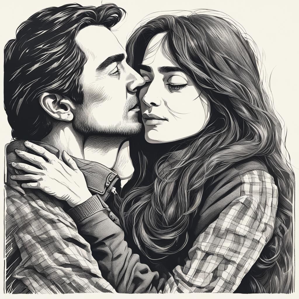 Affectionate Embrace: A Kiss and Shining Eyes