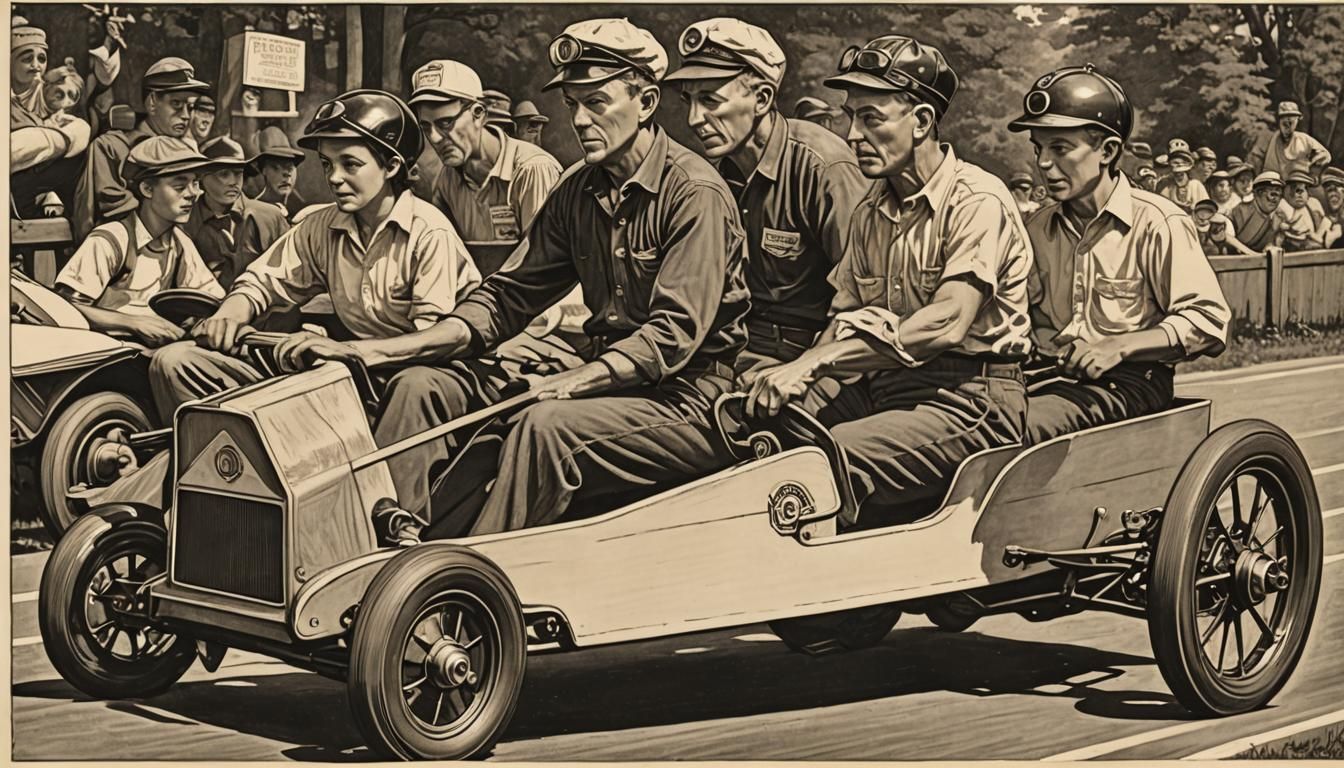 Soap box derby, Norman Rockwell style. woodcut
