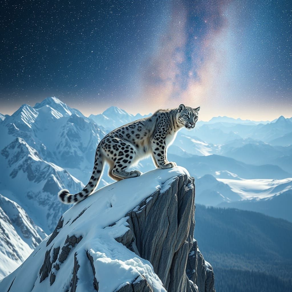 (Snow leopard poised on crystalline mountain ledges under a ...