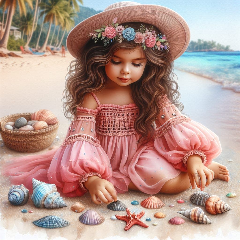 Girl on Beach with Seashells in Watercolor Style