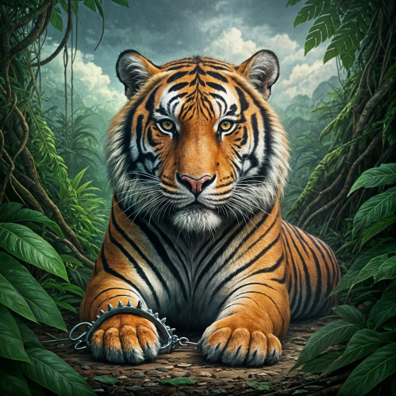 Majestic Tiger's Desperate Struggle in Lush Rainforest